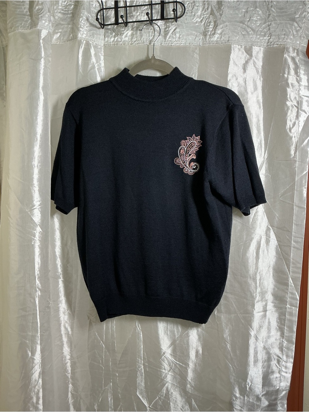 Chaus Black Crewneck Short-Sleeve Sweater with Pink Embroidery